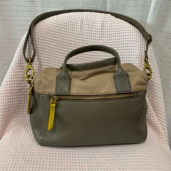 FOSSIL Erin Colourblocked Satchel Leather Khaki Beige Double Zip Carry Bag - Picture 6 of 15